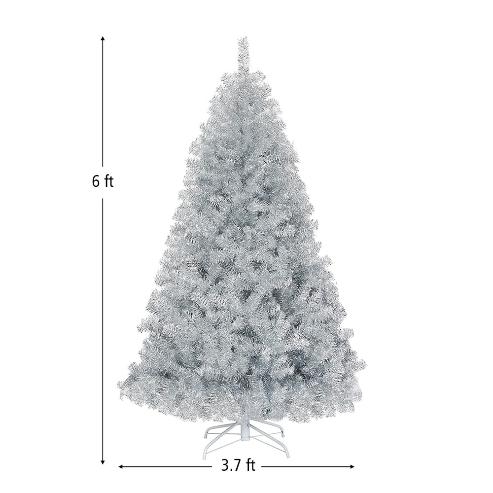 6-foot silver tinsel Christmas tree with 1036 branch tips and sturdy metal stand, perfect for festive indoor or outdoor.