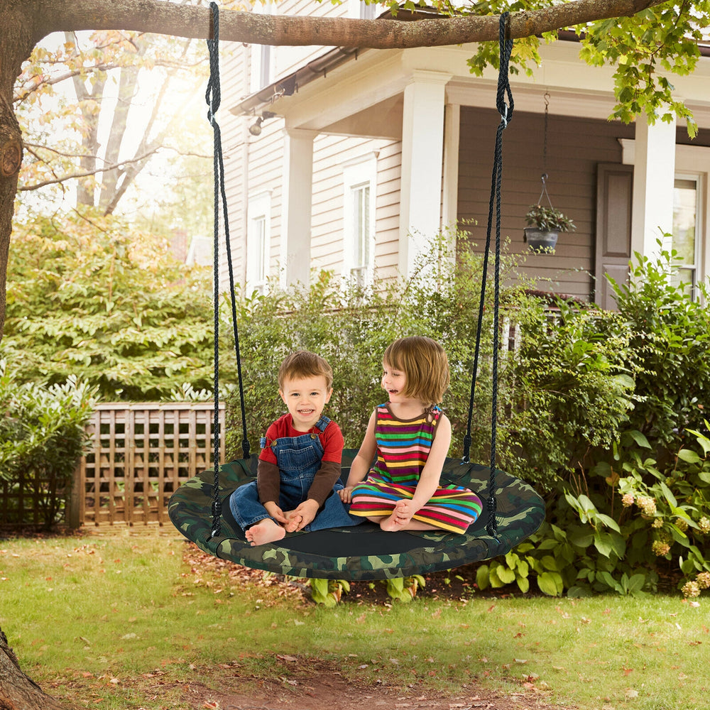 40-inch flying saucer tree swing with adjustable ropes, featuring kids playing together in a backyard setting.