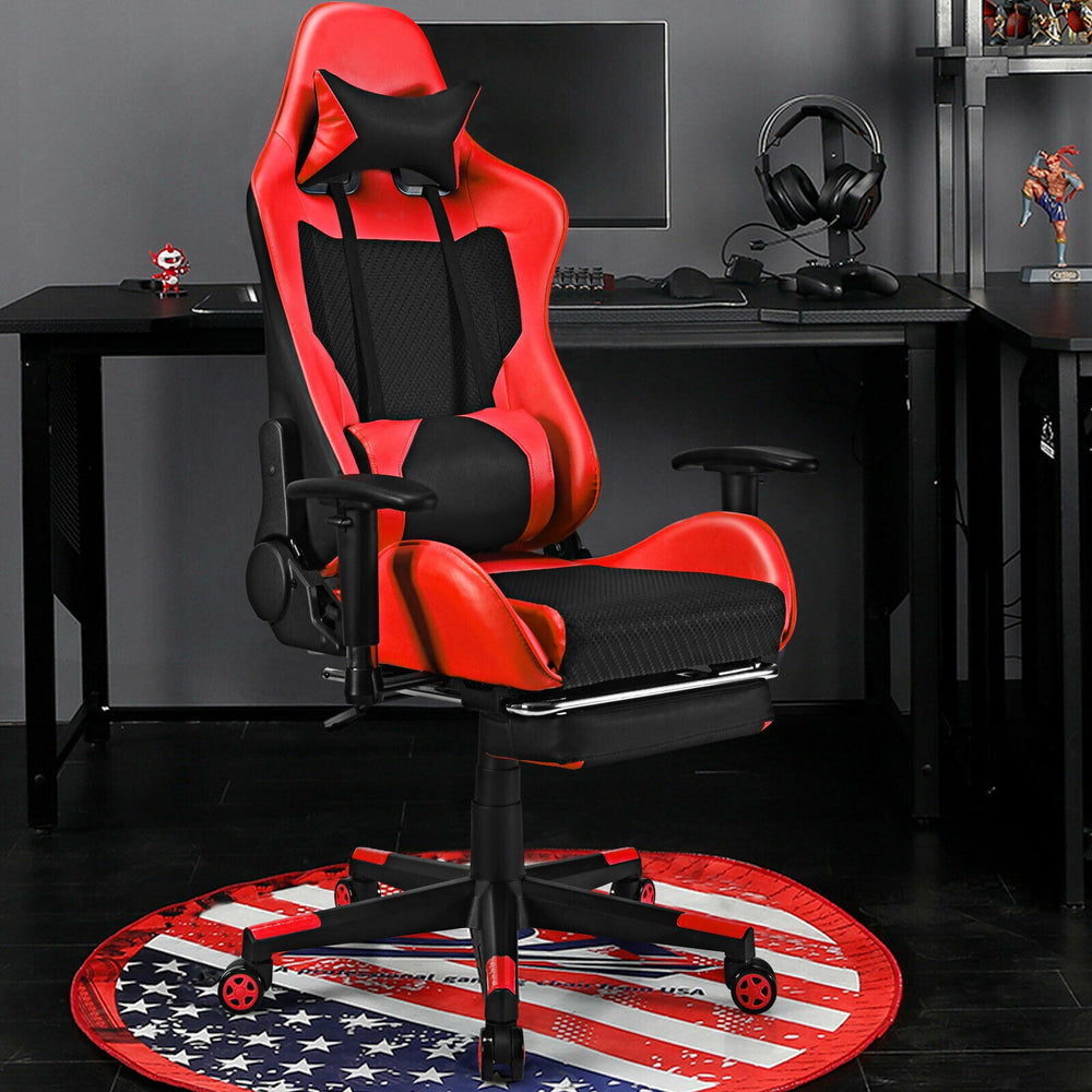 PU Leather Gaming Chair with USB Massage Lumbar Pillow and Footrest-Red - Gallery View 1 of 10
