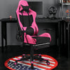 Pink PU leather gaming chair with adjustable armrests, lumbar massage pillow, and retractable footrest for comfort.