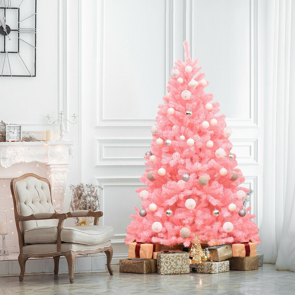 Full view of a 6 feet pink artificial Christmas tree with ornaments, ideal for festive home and commercial decorations.