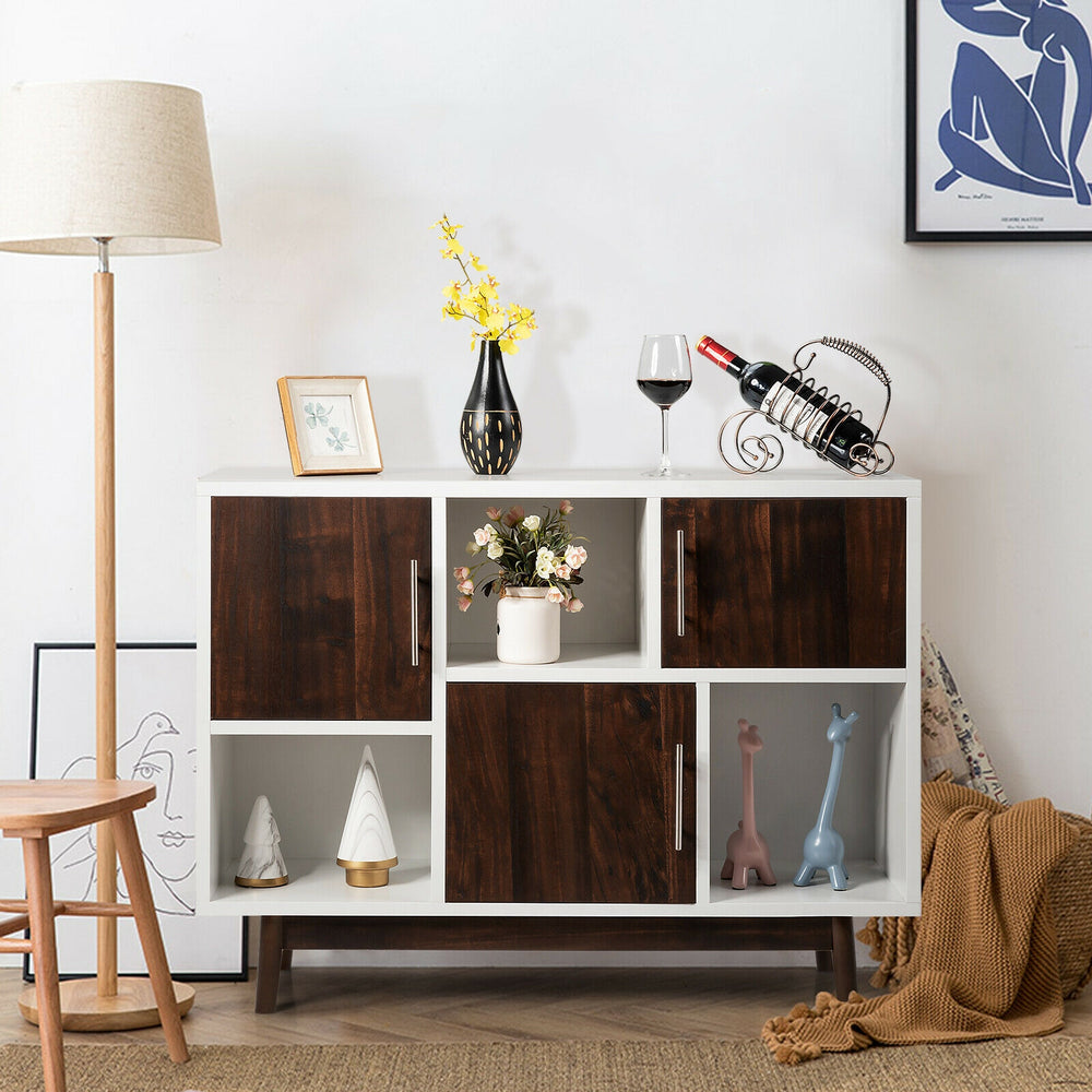 Wood display sideboard storage cabinet with espresso grained doors and six compartments, perfect for home organization.