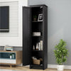 Tall black linen tower storage cabinet with four shelves, ideal for bathroom or living room organization.