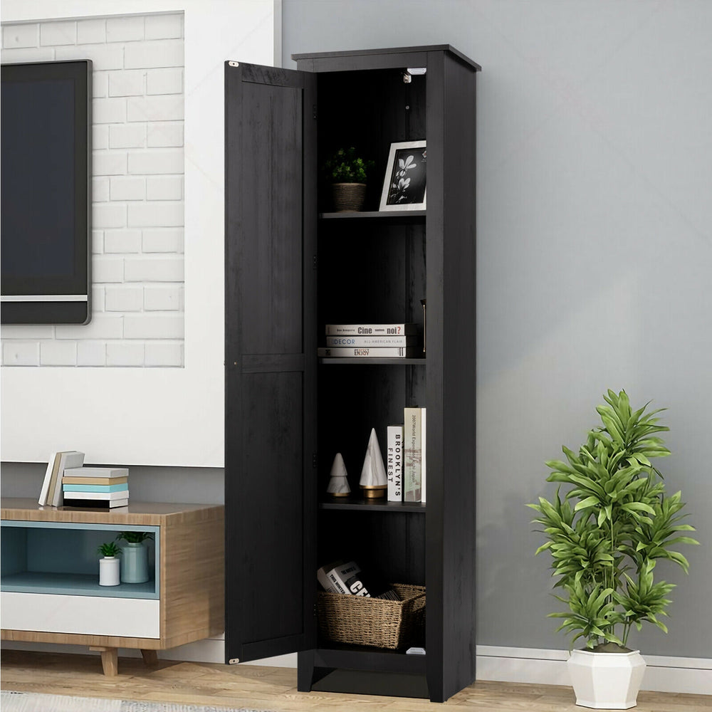 Tall black linen tower storage cabinet with four shelves, ideal for bathroom or living room organization.