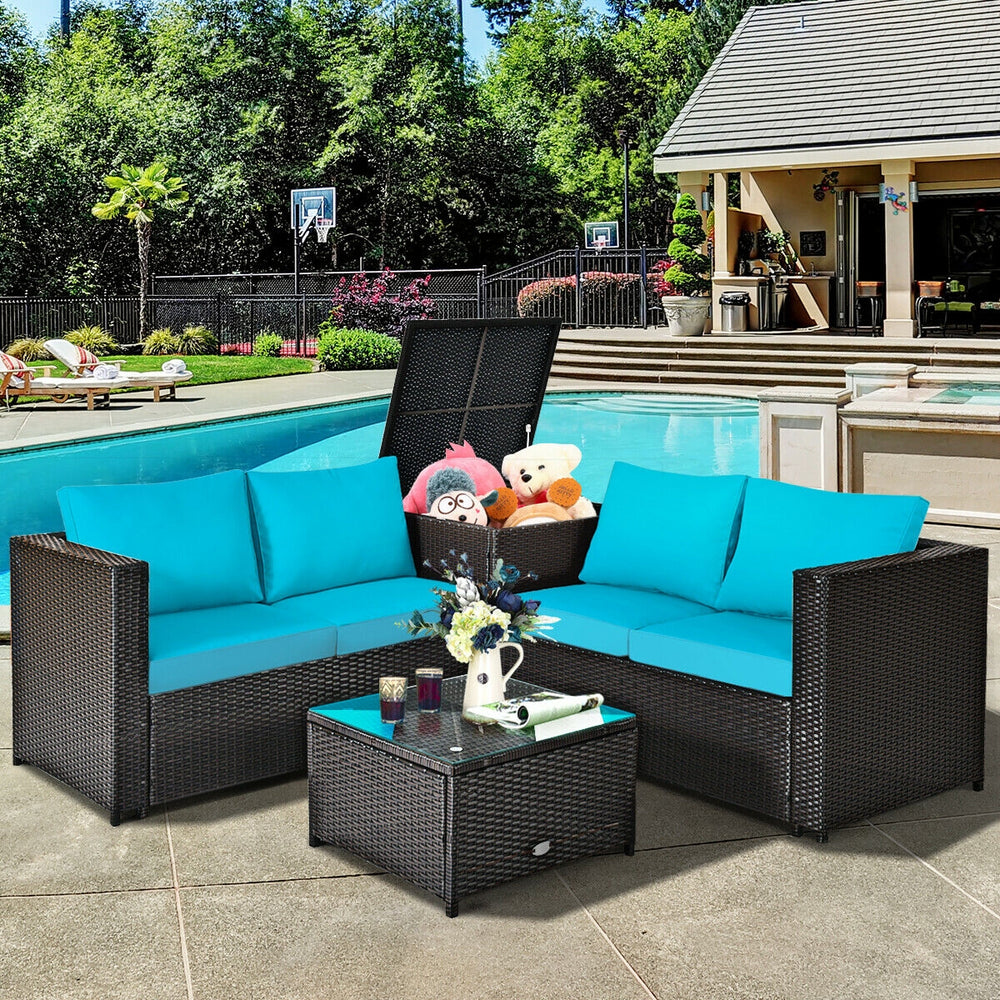 4 Pieces Outdoor Patio Rattan Furniture Set with Cushioned Loveseat and Storage Box-Turquoise - Gallery View 1 of 12