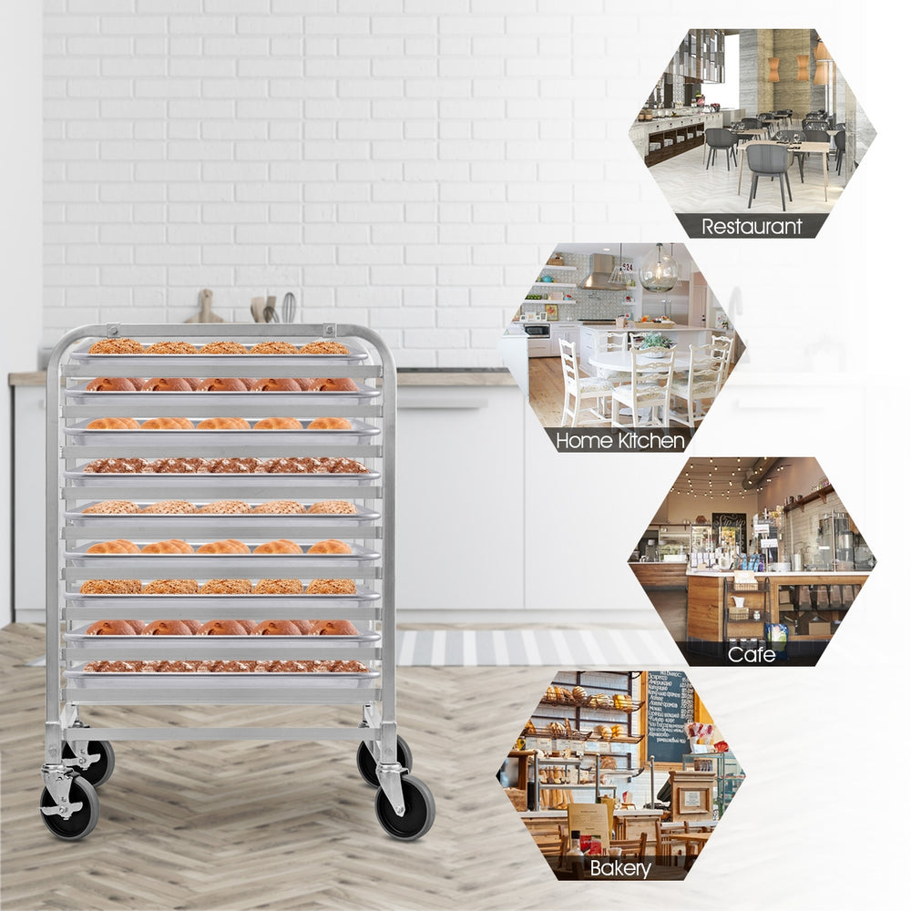 Aluminum rolling bakery pan rack with 10 tiers, sturdy design, and wheels for easy mobility in commercial kitchens.