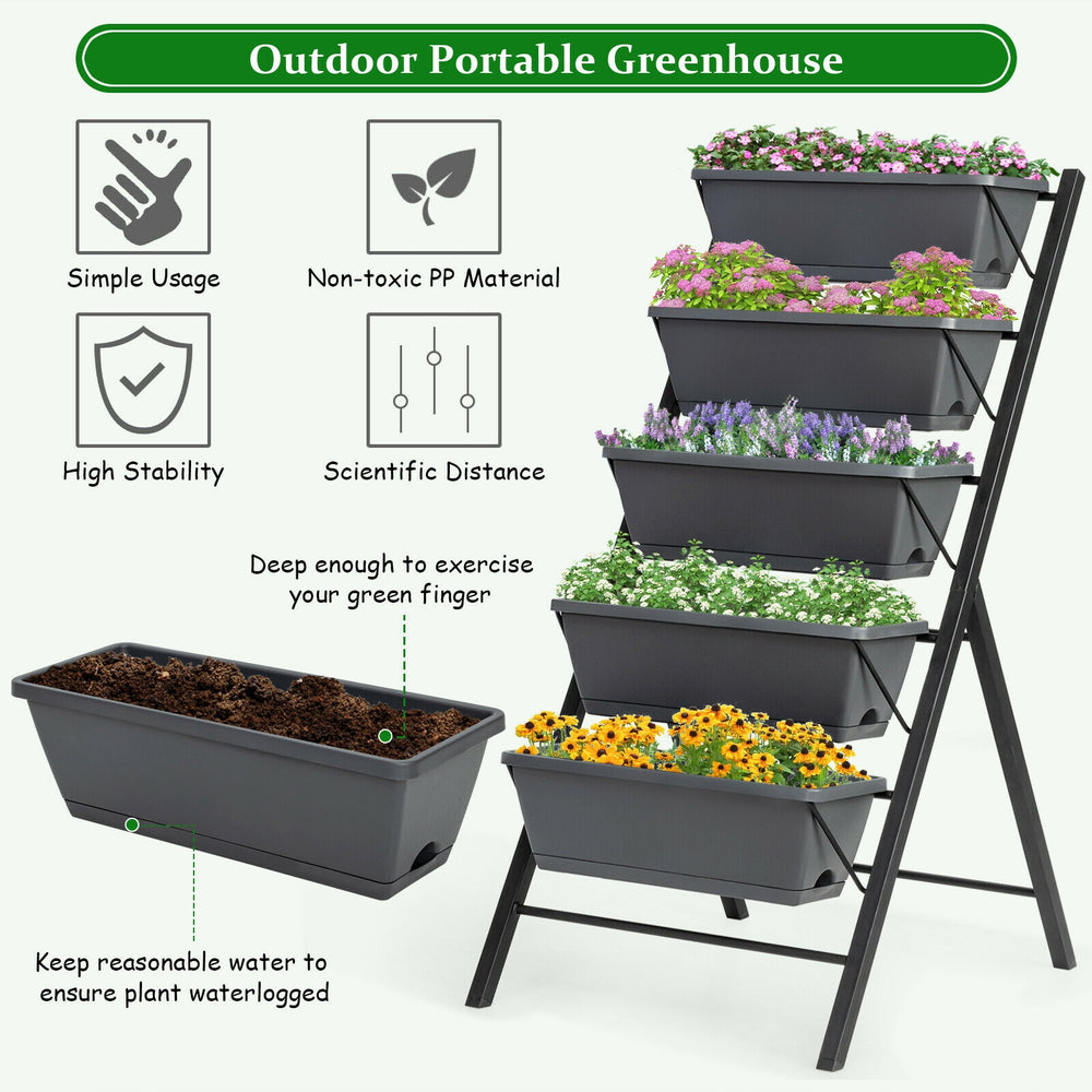 5-tier raised garden bed made of durable PP material, featuring excellent drainage for flowers and vegetables.