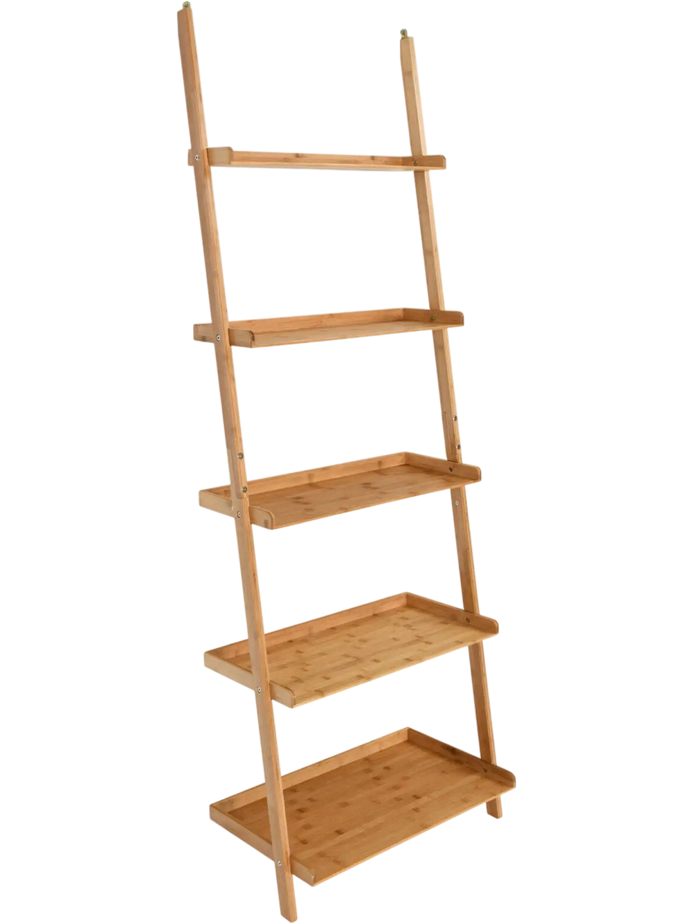 5-tier ladder shelf made of premium bamboo, featuring a wall-leaning design for space-saving storage in any room.