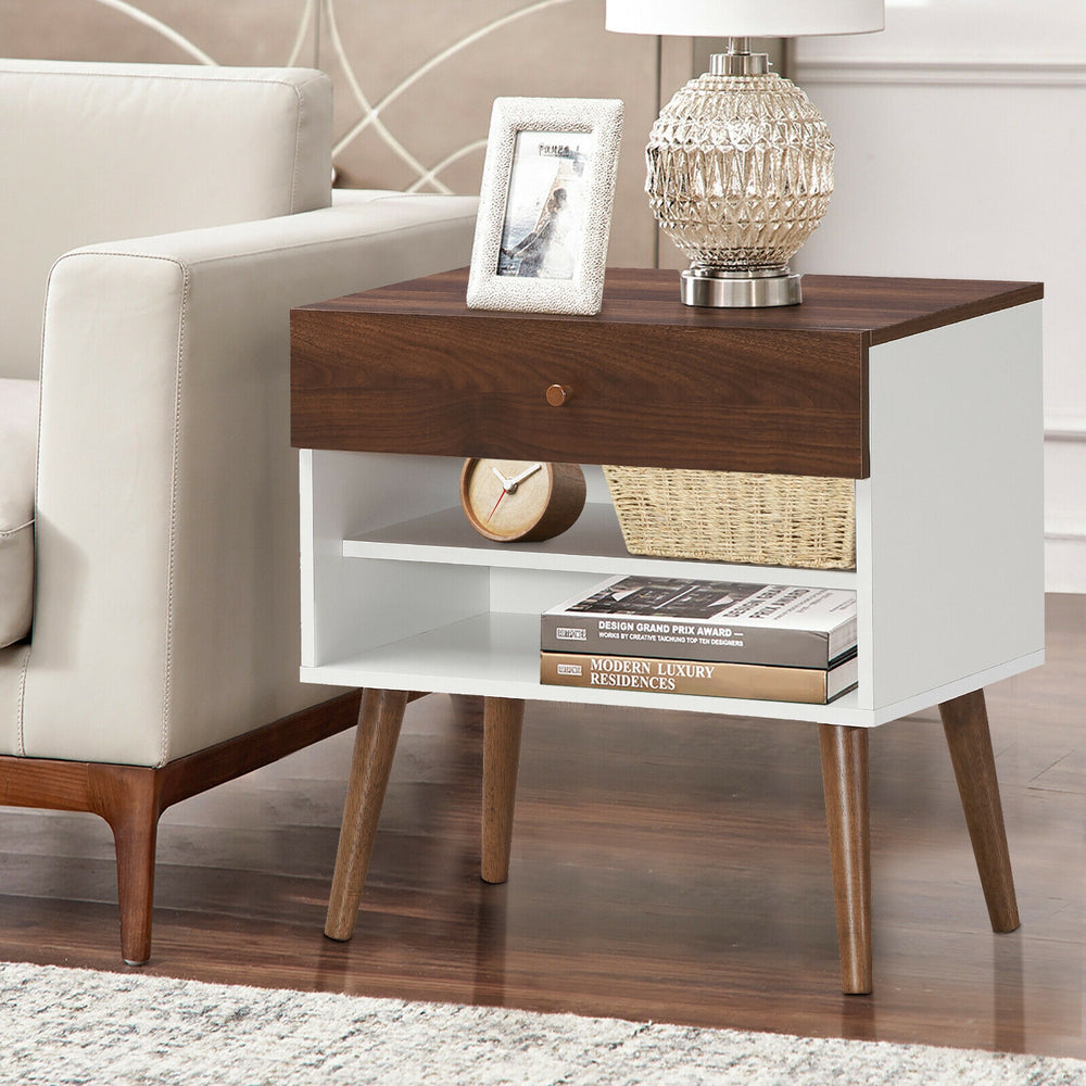 Mid-century nightstand with a drawer and rubber wood legs, featuring open shelves for storage and a stylish design.
