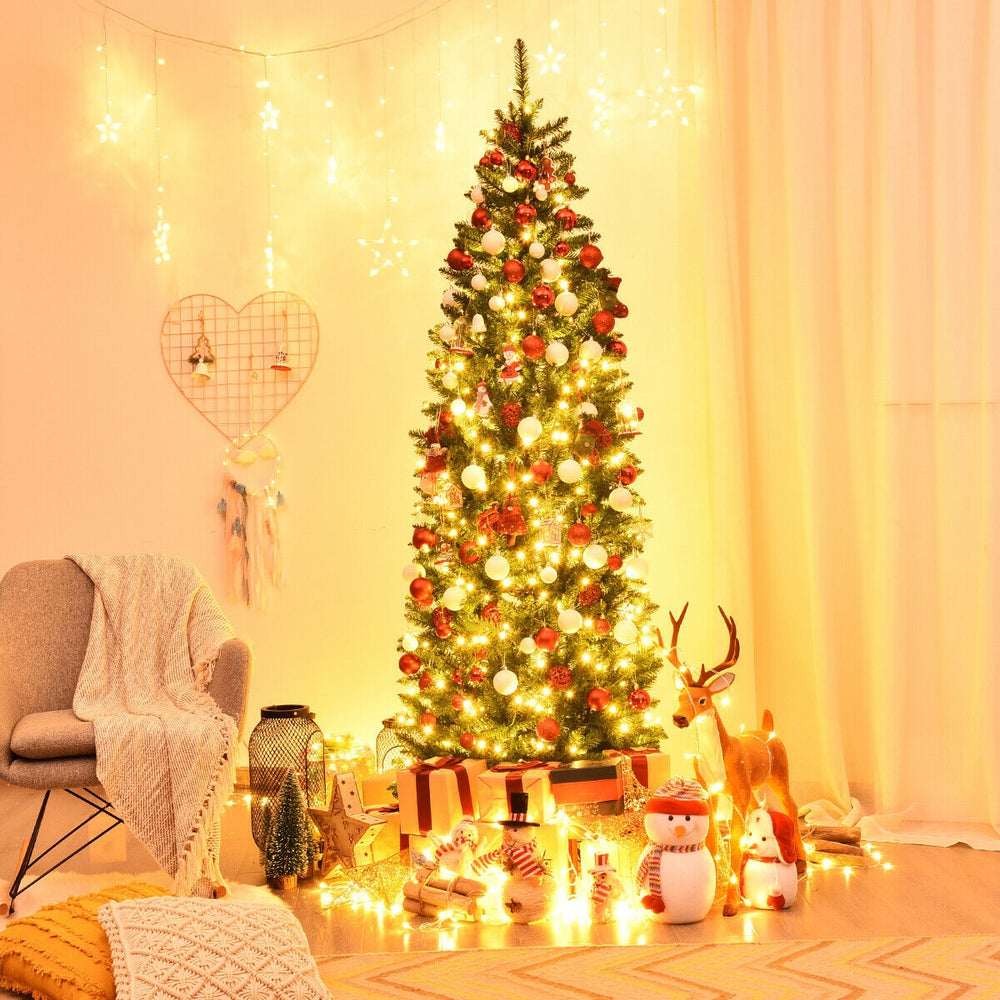 7 Feet PVC Hinged Pre-lit Artificial Fir Pencil Christmas Tree with 150 Lights-7 ft - Gallery View 1 of 11