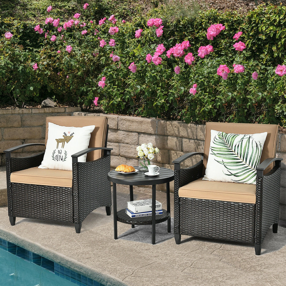 Cushioned patio rattan chairs with a storage table, featuring durable PE rattan and a stylish design for outdoor.