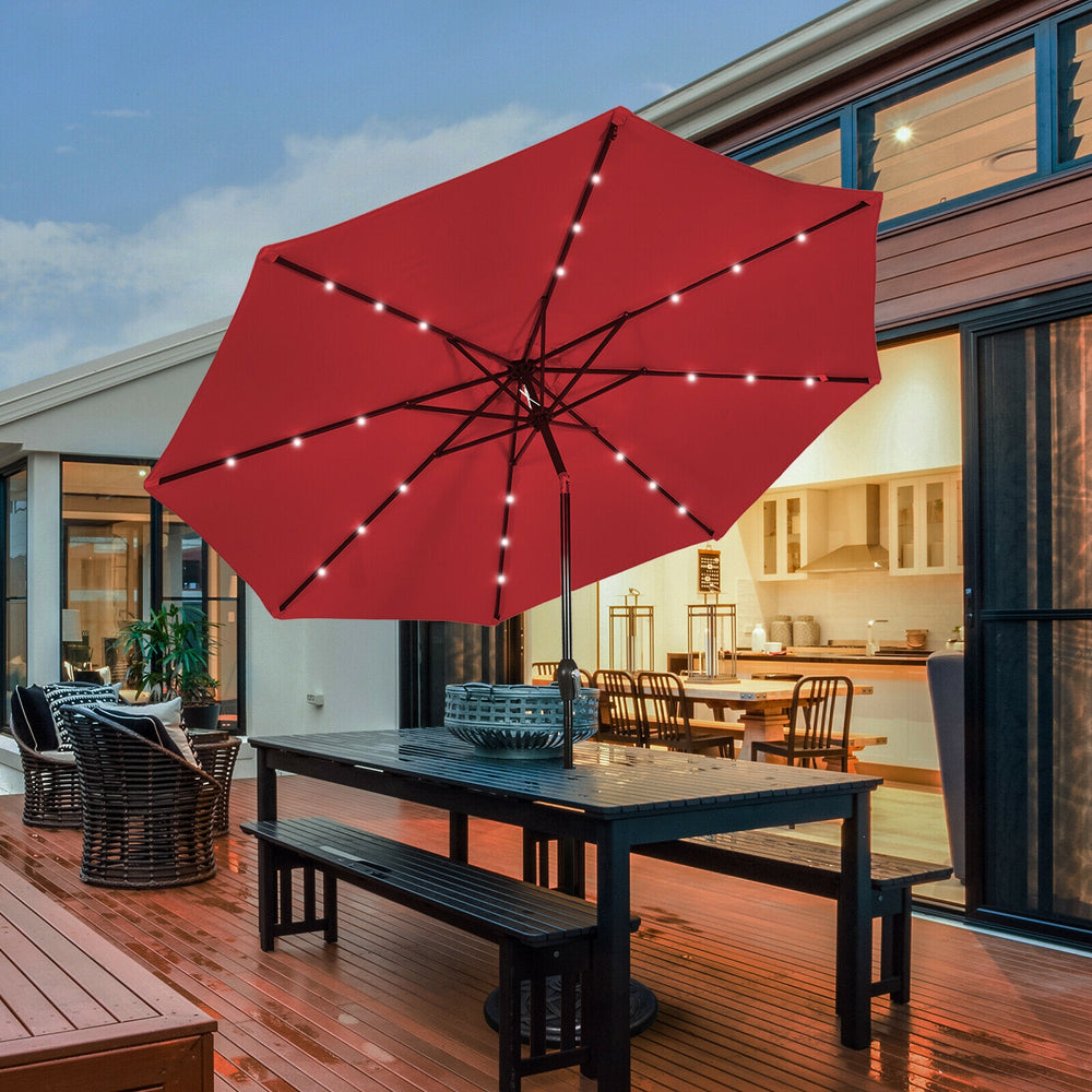 10' dark red solar LED lighted patio umbrella with tilt adjustment and crank, perfect for outdoor dining and evening.