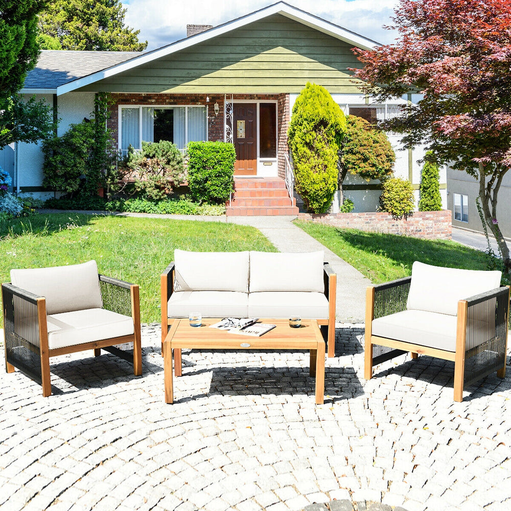 4 Pieces Acacia Wood Outdoor Patio Furniture Set with Cushions-White - Gallery View 1 of 11