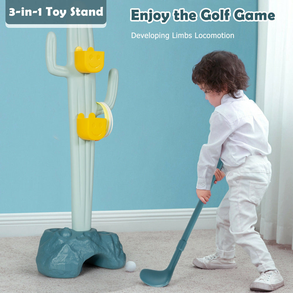 3-in-1 cactus toy stand featuring golf, ring-toss, and sandbag-toss games for developing kids' motor skills.