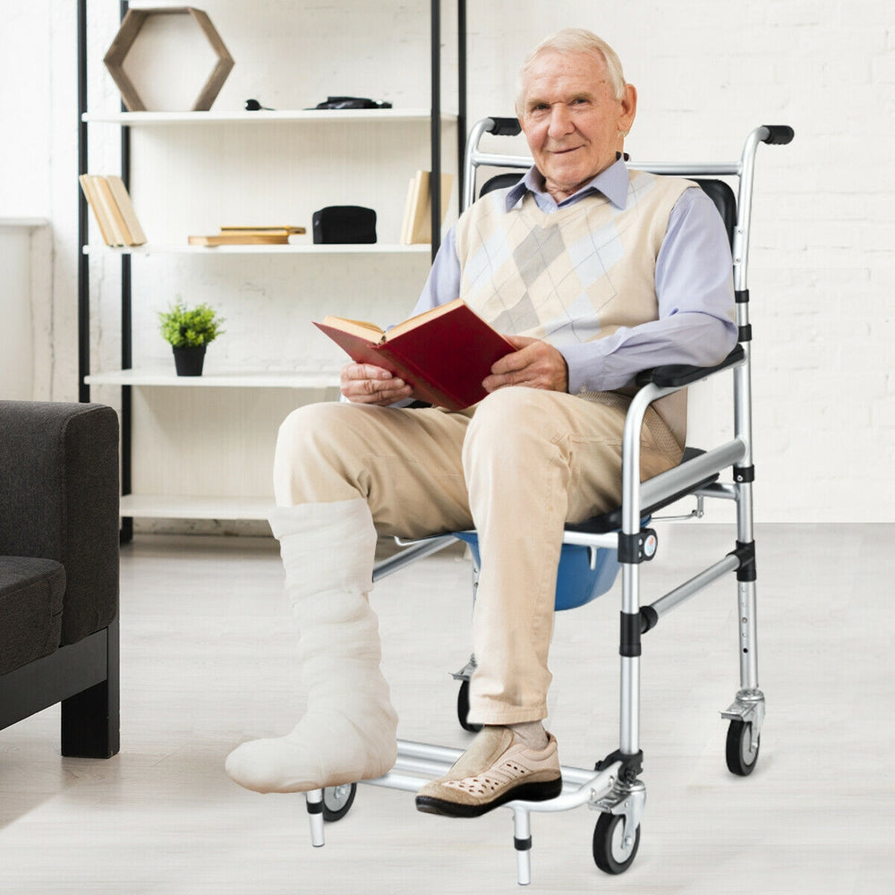 Ergonomic 2-in-1 aluminum commode shower wheelchair featuring a high-density sponge seat for extended comfort and.
