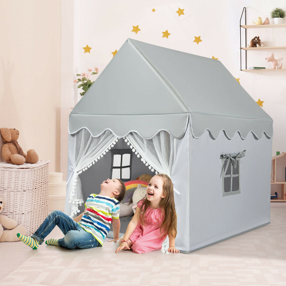 Kids large gray play castle tent with soft mat, perfect for indoor and outdoor fun, featuring decorative windows and.
