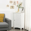 White corner storage cabinet with shutter door, adjustable shelf, ideal for small spaces in bathroom or living room.