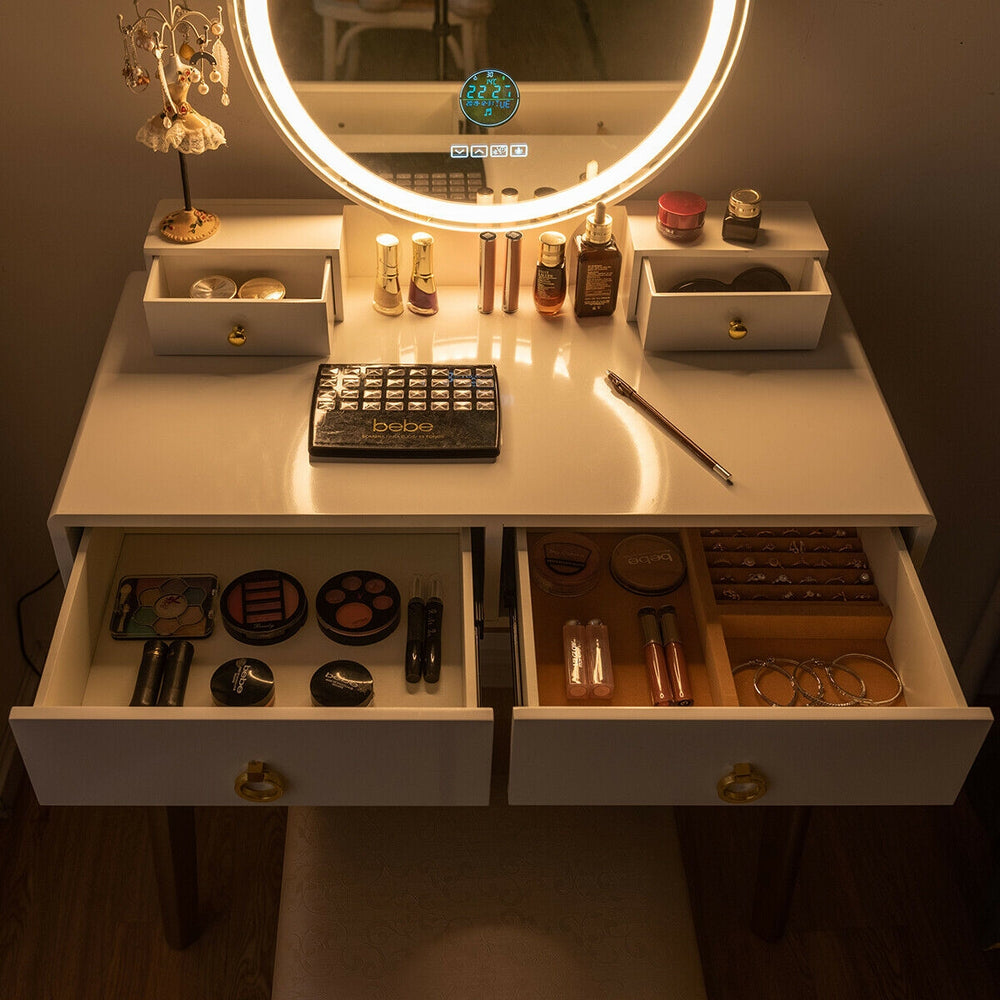 Vanity set featuring a lighted touch screen mirror, four storage drawers, and solid beech wood legs for stability.