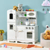 White kitchen pretend play cookware set for kids, featuring a water dispenser and removable sink for interactive fun.