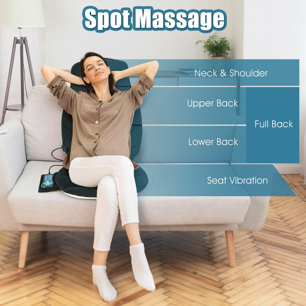 Memory foam seat cushion massager with heat and 6 vibration motors, ideal for home relaxation on sofas or chairs.