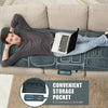 Foldable massage mat with heat and 10 vibration motors, featuring a plush surface and convenient storage pocket for.