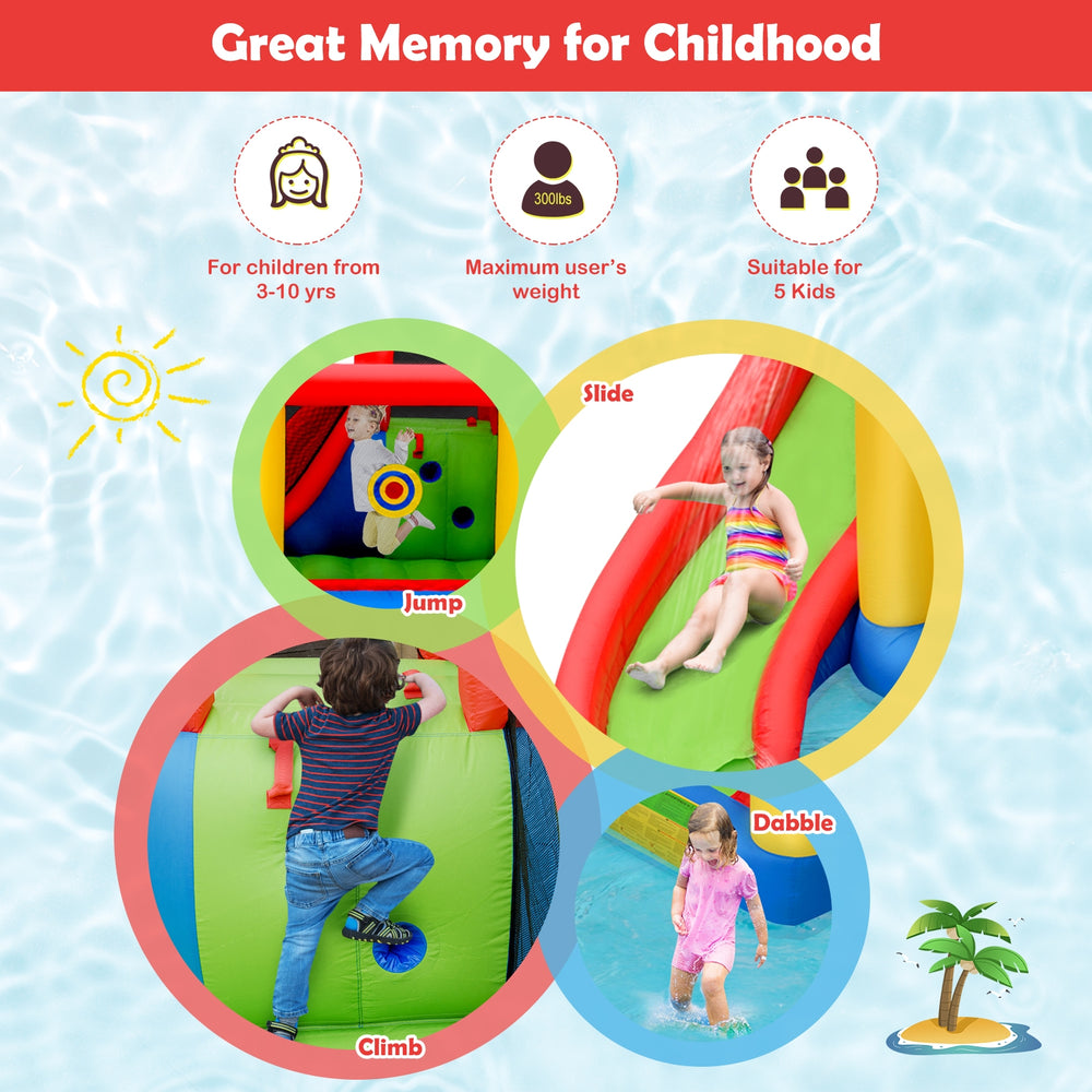 Inflatable water slide bounce house with climbing wall, slide, and splash pool for kids' summer fun and safety.
