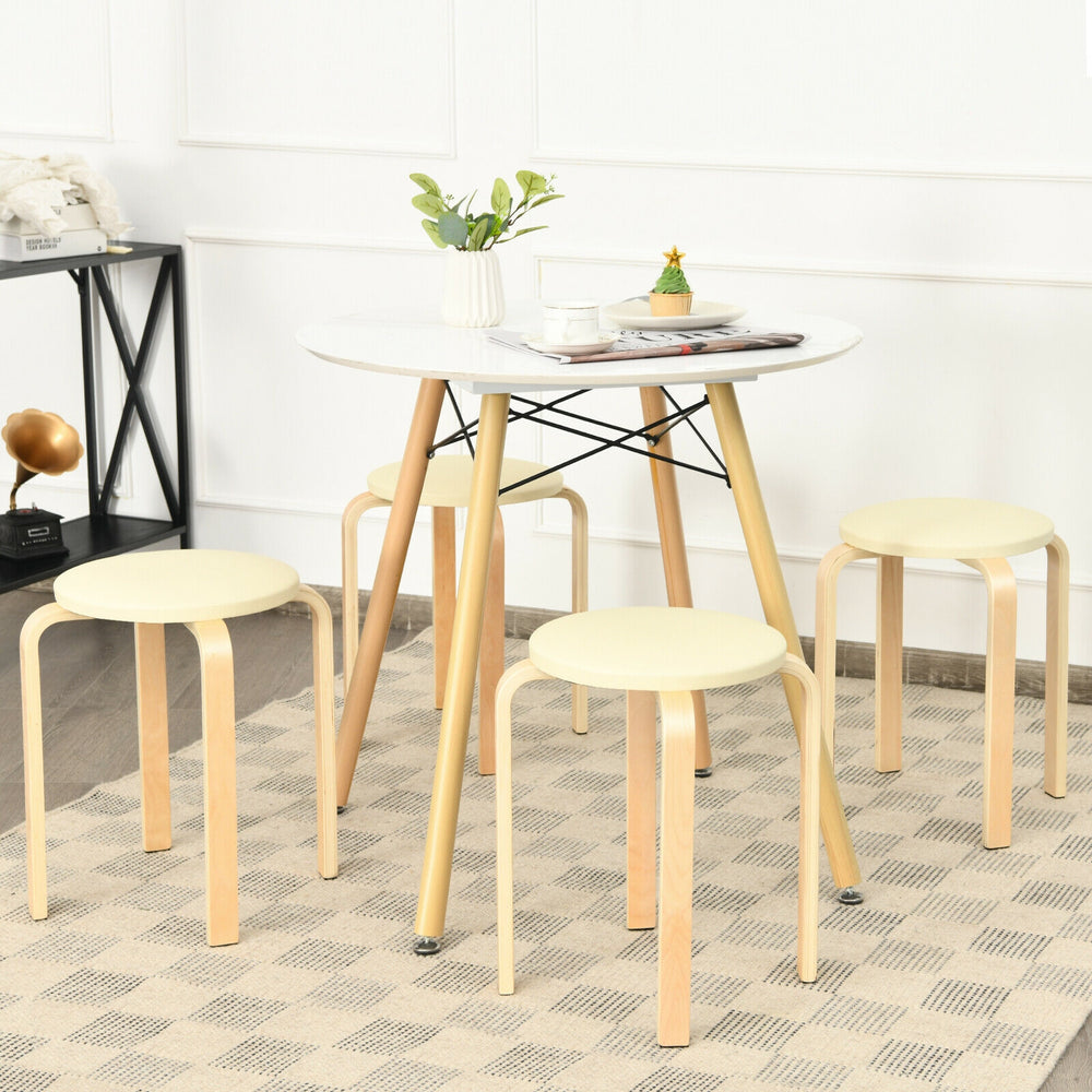 Set of 4 Bentwood Round Stool Stackable Dining Chairs with Padded Seat-Beige - Gallery View 1 of 12