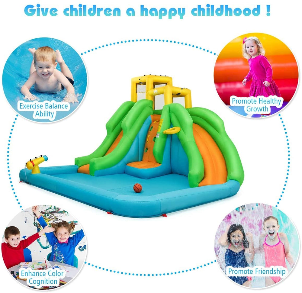 Inflatable water park bounce house with climbing wall, double slides, and splash pool for outdoor summer fun.