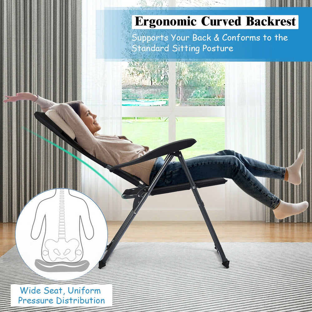 Adjustable backrest patio folding chair in black, made of steel and oxford fabric, perfect for outdoor relaxation.