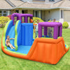 Colorful 6-in-1 inflatable water slide bounce house with dual slides, water guns, and climbing features for summer fun.