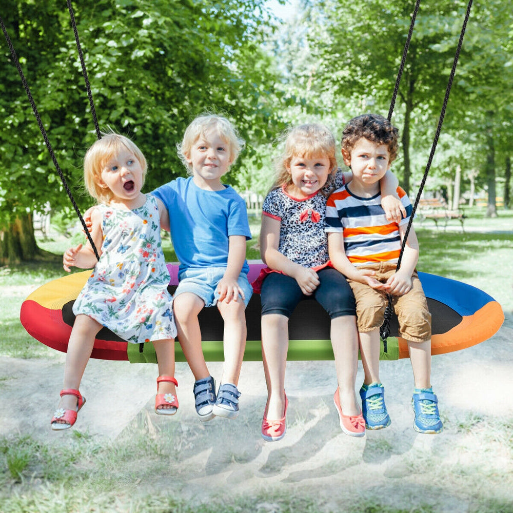Colorful 60-inch saucer swing with four children enjoying outdoor play, promoting friendship and parent-child.
