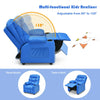 Kids recliner chair in blue with cup holder and footrest, adjustable from 90° to 130°, ideal for comfortable sitting.