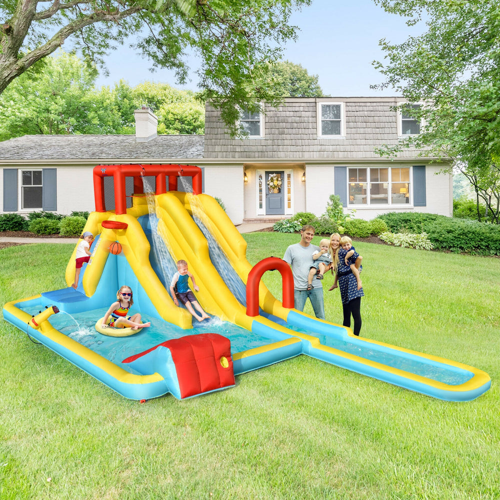 7-in-1 inflatable dual slide water park with climbing wall, pool, and basketball hoop for outdoor fun and safety.