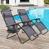 Gray folding lounge chairs with steel frame, featuring adjustable recline and removable headrests, perfect for patio.