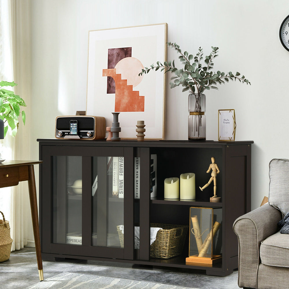 Brown sideboard buffet cupboard with a sleek contemporary design, featuring a spacious top ideal for decorative.
