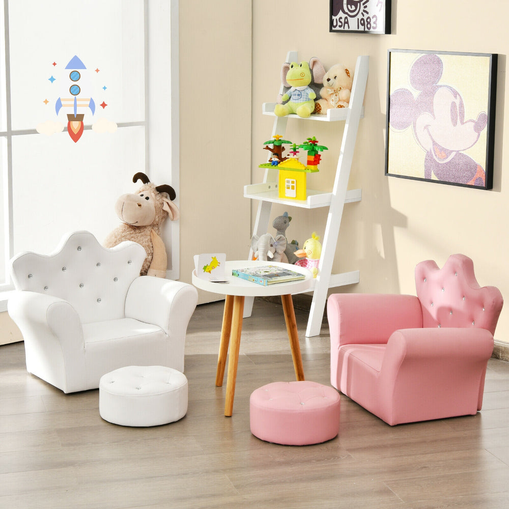 Children Upholstered Princess Sofa with Ottoman and Diamond Decoration for Boys and Girls-White - Gallery View 1 of 12