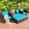 5-piece patio cushioned rattan furniture set in turquoise, featuring a loveseat, two sofas, and two ottomans for.