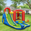Inflatable kid bounce house with slide and water pool, made of puncture-resistant 420D oxford fabric, for outdoor fun.