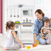 Wooden pretend play kitchen set for kids with realistic sound knobs and ample storage, enhancing imaginative cooking.