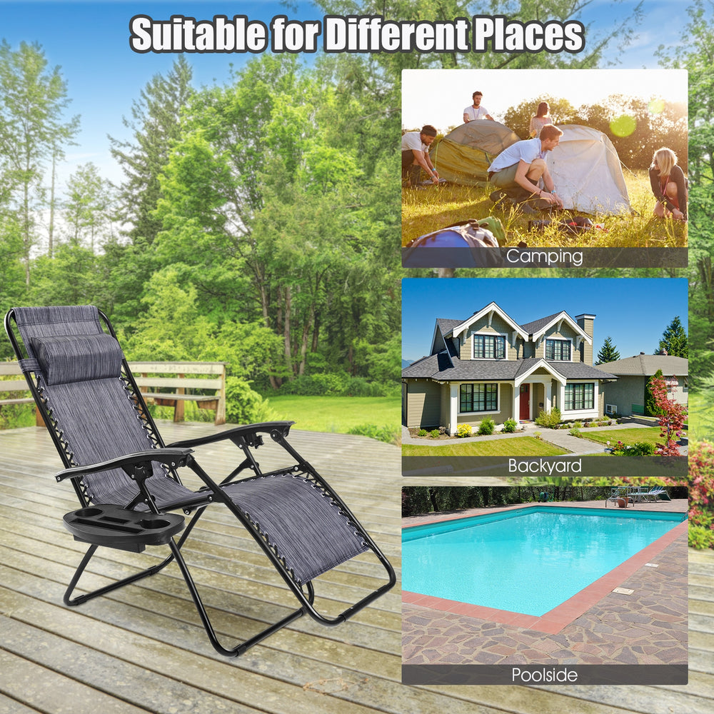 Folding lounge chair in gray with adjustable backrest, ideal for camping, backyard, and poolside relaxation.