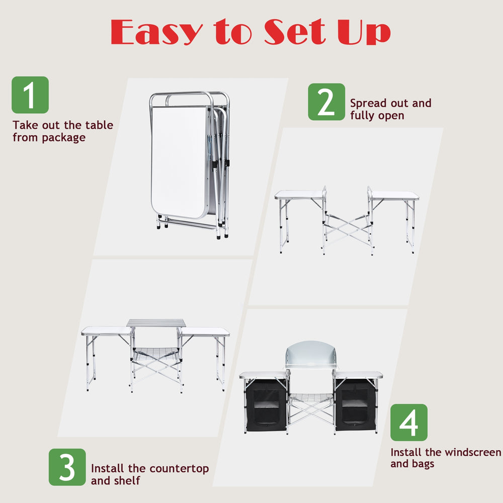 Folding camping table with storage organizer, featuring a large countertop and two side tables for outdoor cooking.