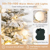 Pre-lit Christmas tree set of 3 features snow-flocked design, 50+70+100 warm white LED lights, and 185+381+640 branch tips.