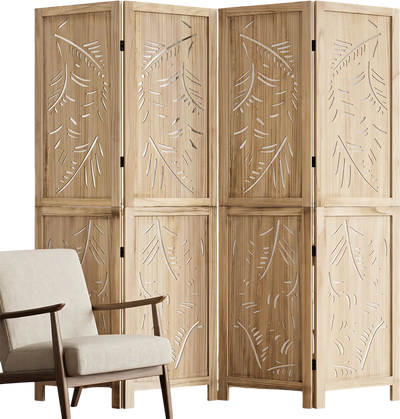 Costway 4-Panel Wooden Room Divider Palm Leaf Design Paulownia Frame 17926357 New