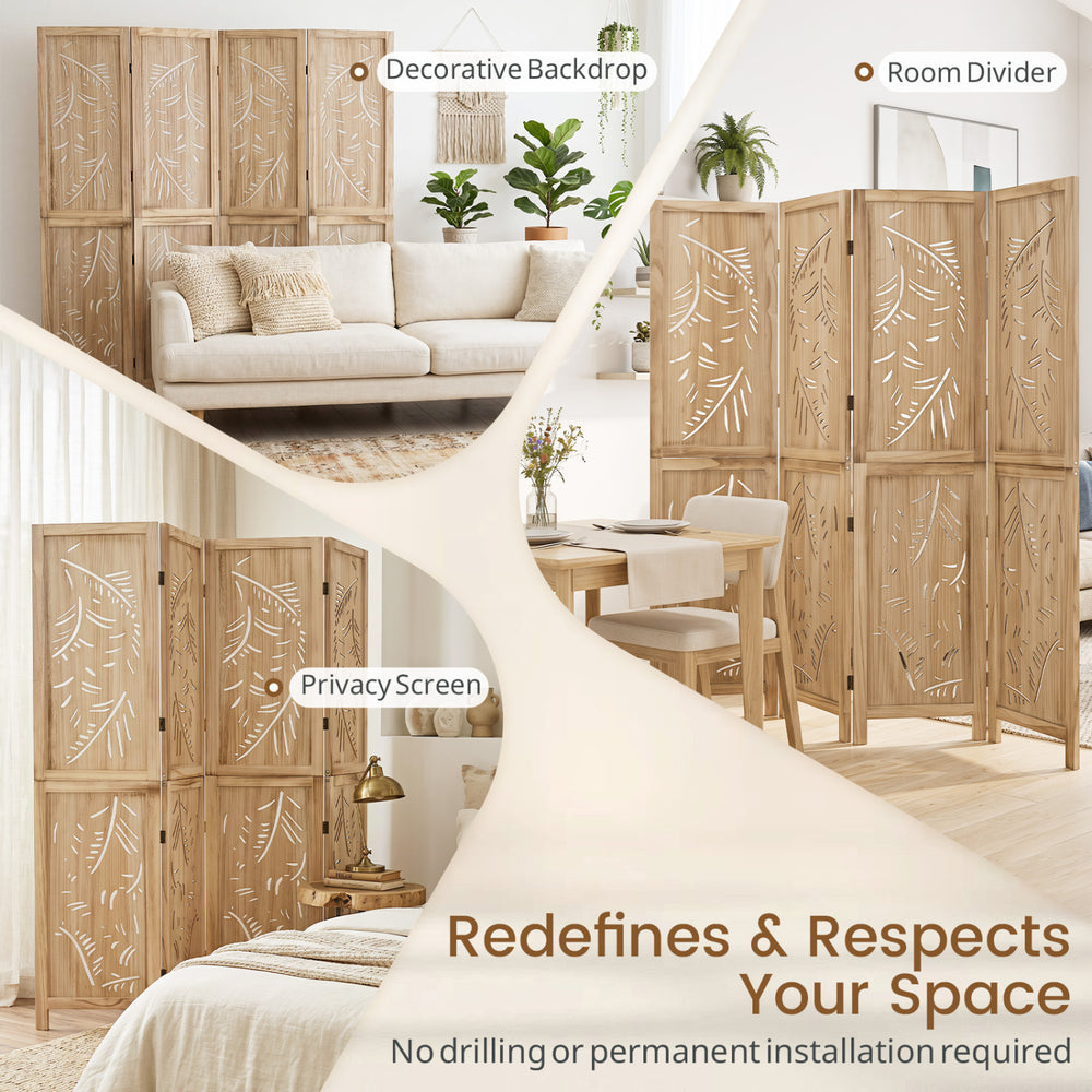 4-panel wooden room divider with palm leaf design, crafted from lightweight paulownia wood for versatile home use.