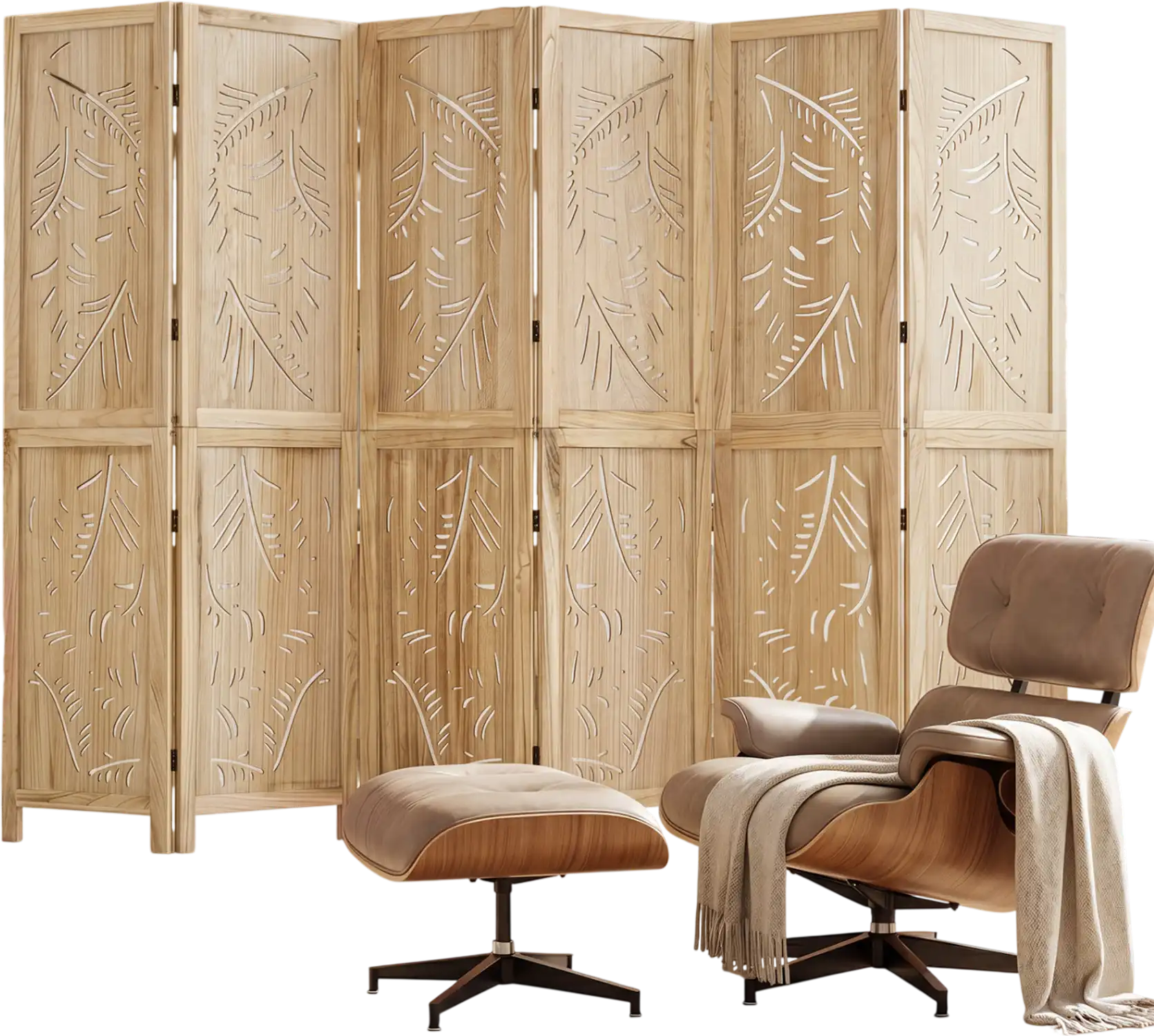 Costway 6-Panel Wooden Room Divider Palm Leaf Design Paulownia Frame 66172496 New