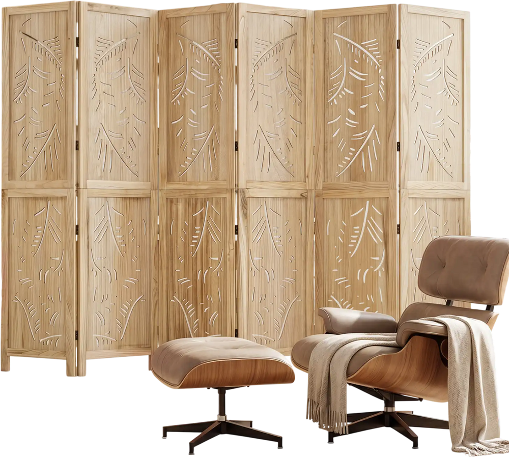 6-panel wooden room divider with palm leaf design, featuring a lightweight paulownia frame for versatile home privacy.