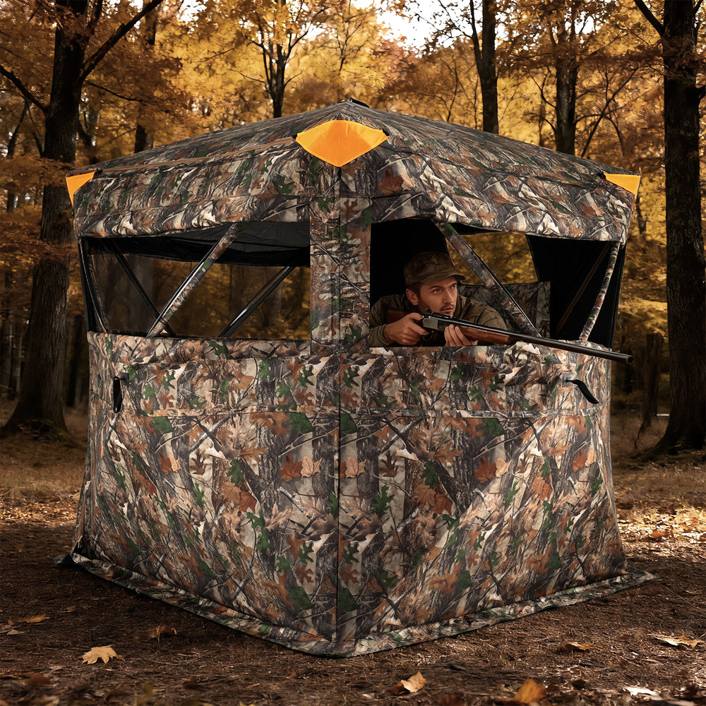 Hunting blind for 3-4 people featuring a camouflage design, adjustable windows, and lightweight, rust-resistant.