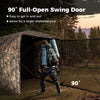90° full-open swing door of the 3-4 person hunting blind for easy access, featuring a camouflage design for concealment.