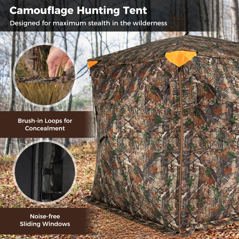 Camouflage hunting tent with 270° see-through design, noise-free sliding windows, and brush-in loops for ultimate.