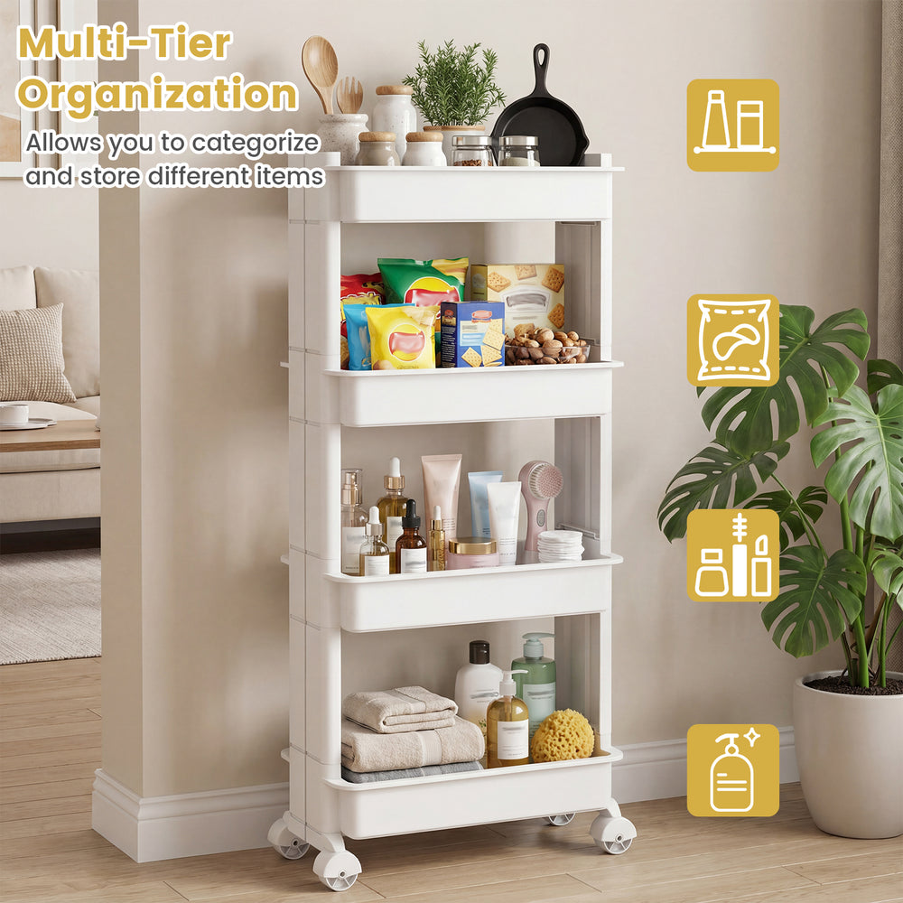 4-tier rolling utility cart with detachable trays, smooth wheels, and a modern design for efficient organization in any.